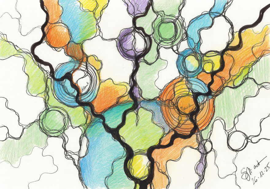 Neurokreative Zeichnung zum Monat Februar: farbige Linien und Kreise, die sich überlagern