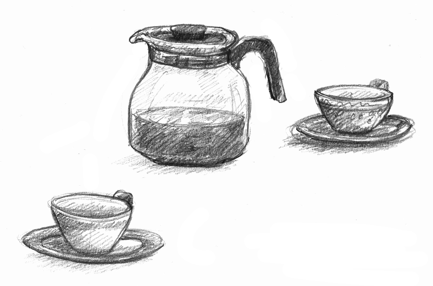 Bleistiftzeichnung – Kaffeekanne und zwei Tassen