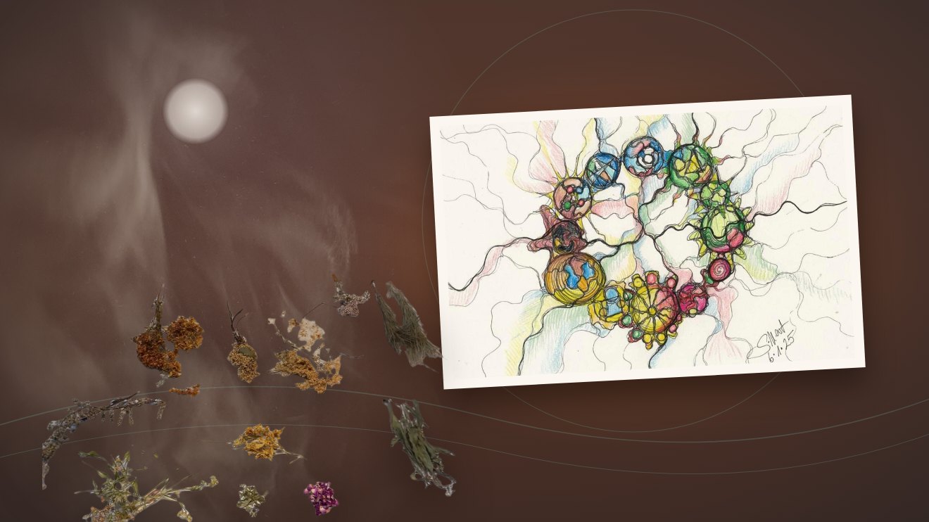 Neurokreative Zeichnung zum ganzen Jahr: farbige Kreise im Rund, verbunden durch fließende Linien. Daneben getrocknete Kräuter, Rauch und ein heller Vollmond auf Kupfergrund